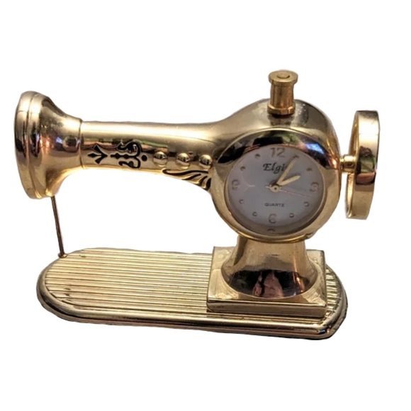 Vintage Other - Vintage "Elgin" Gold Tone Sewing Machine Shaped Mini Clock Quartz